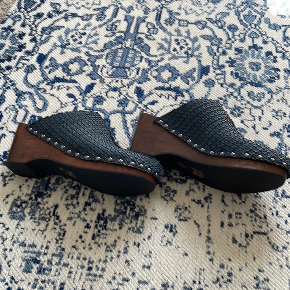 Kelsi Dagger Blue leather/suede clogs with studs.